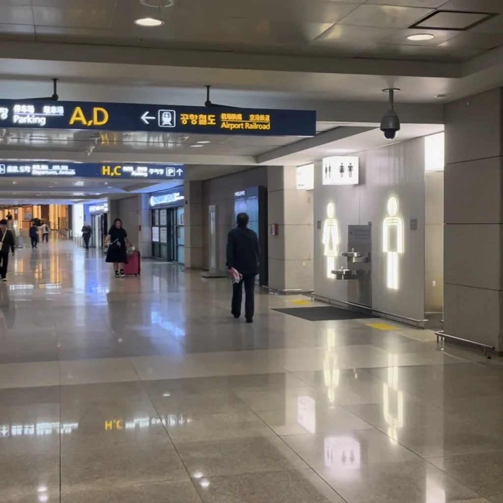 仁川空港第1ターミナル地下連絡通路にある空港鉄道AREX方面の案内標識