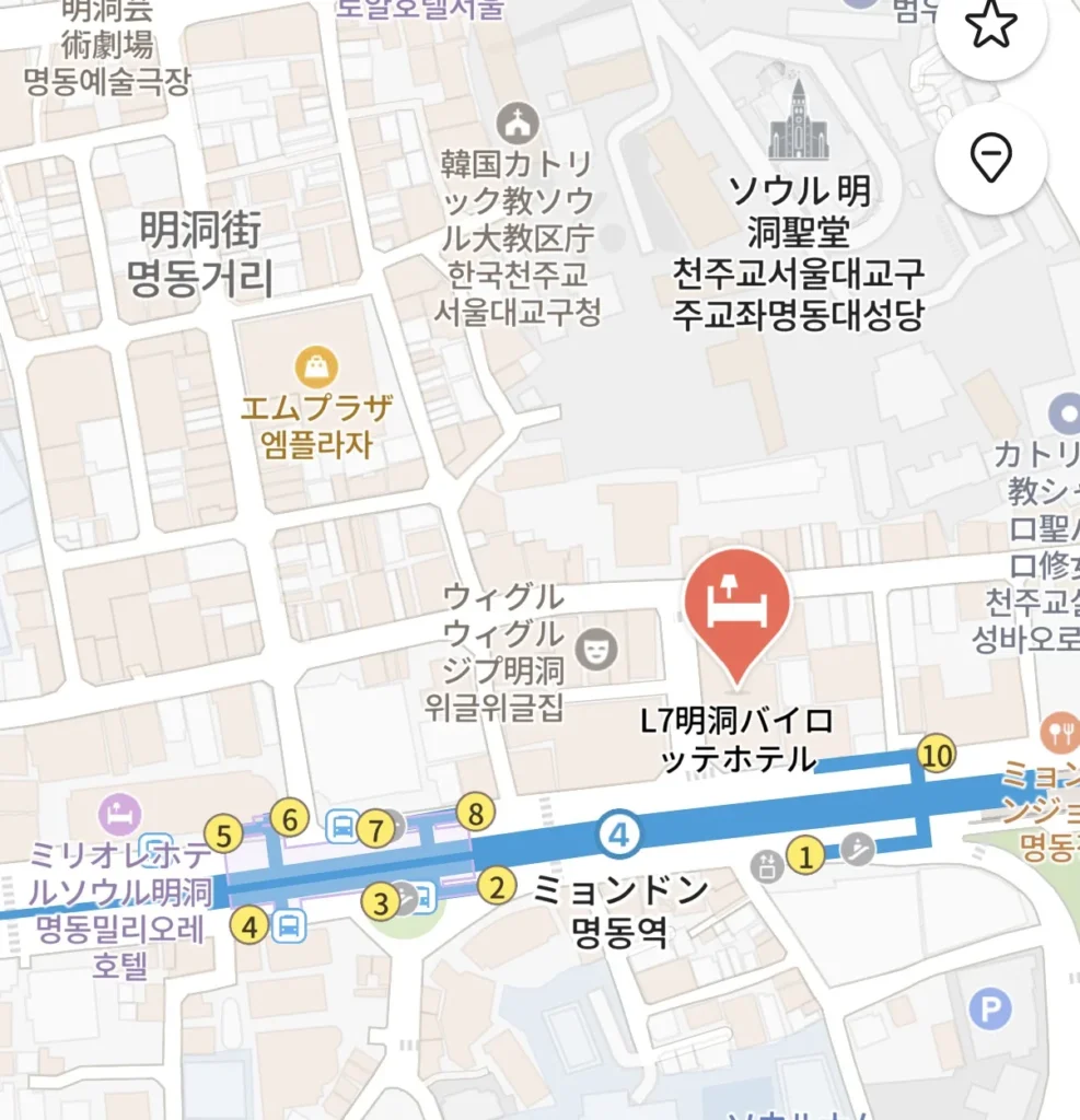 L7明洞と明洞駅、明洞聖堂周辺の位置関係を示すアクセスマップ