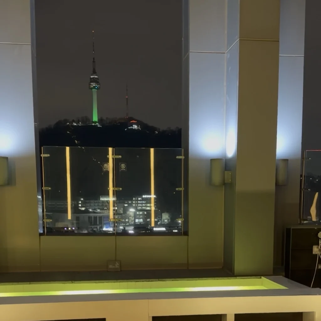 L7明洞から見える夜のNソウルタワーと南山の景色