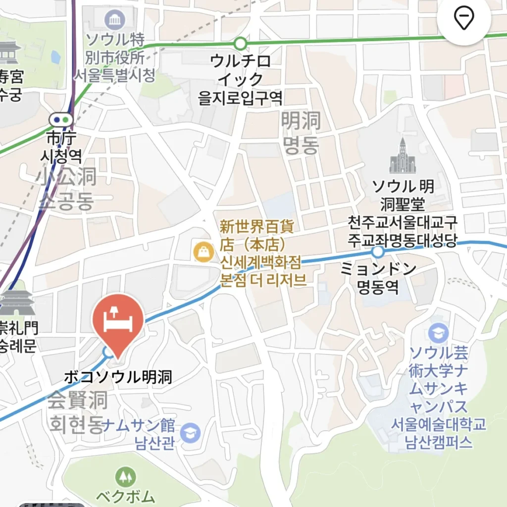 vocoソウル明洞と会賢駅、南大門周辺の位置関係を示した地図