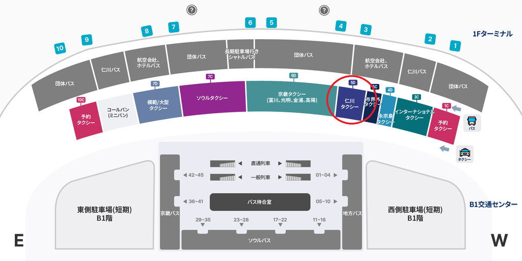 パラダイスシティへ向かう際に利用できる仁川空港第2ターミナルのタクシー乗り場案内図