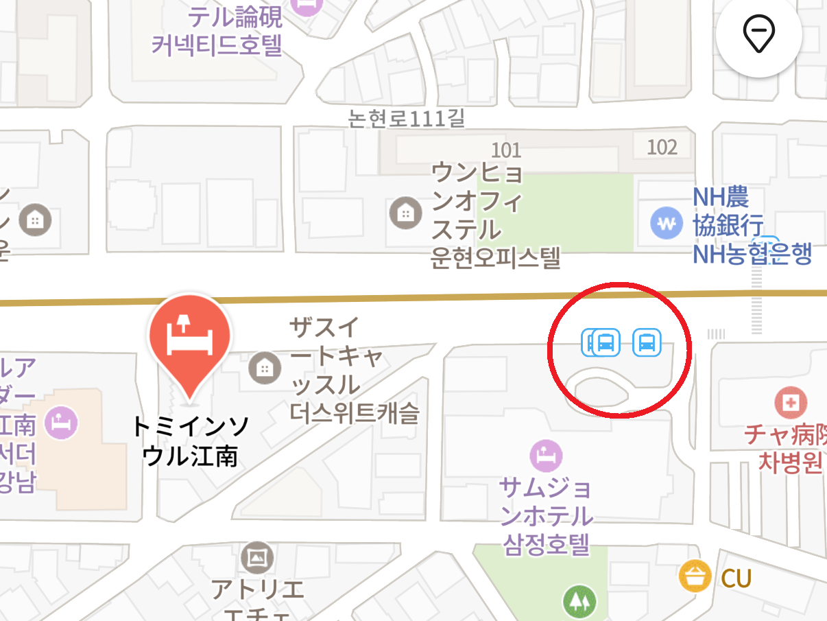 ドーミーインソウル江南からオンジュ駅方面の三井ホテル付近にある実際の空港リムジンバス停の位置を示した地図