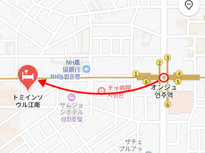 オンジュ駅からドーミーインソウル江南までの徒歩アクセスを示した周辺地図