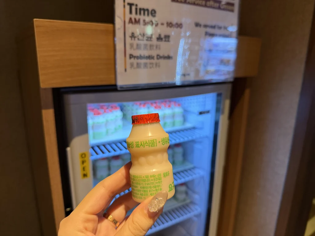 ドーミーインソウル江南の朝の湯上がりサービスで提供される乳酸菌飲料