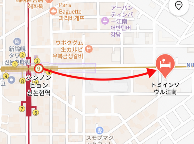 新論峴駅からドーミーインソウル江南までの徒歩アクセスを示した周辺地図