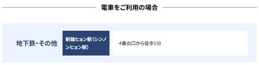 ドーミーインソウル江南への電車アクセス案内で、新論峴駅4番出口から徒歩5分と記載された案内画像
