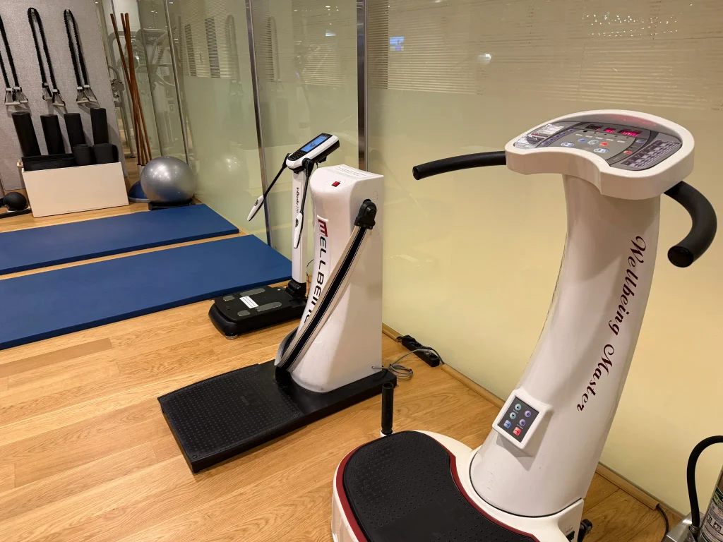ハイアットリージェンシー仁川のジムにある振動エクササイズ機器と体組成測定機器