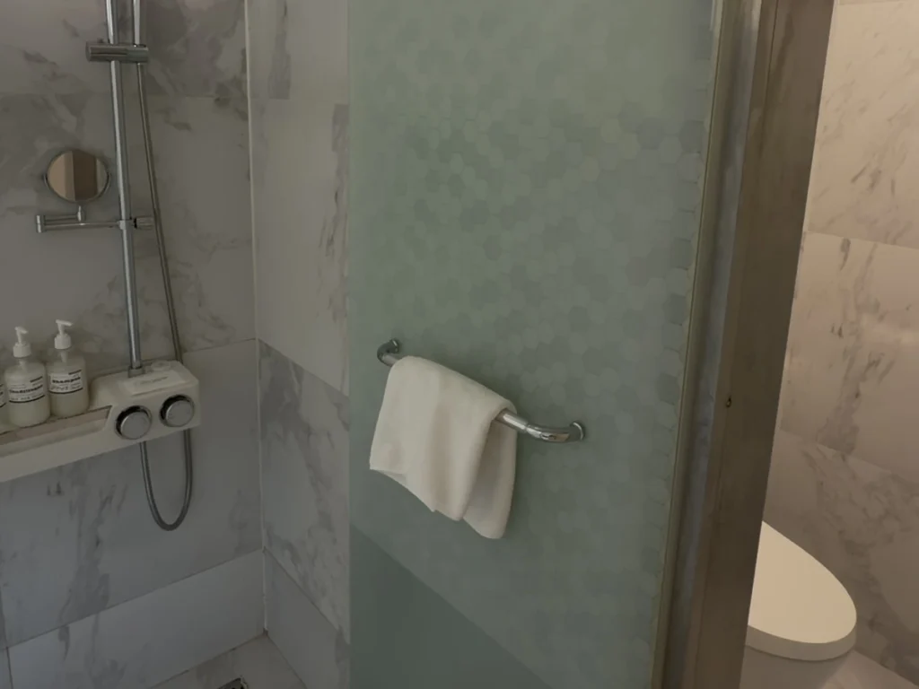 JKブロッサムホテルのトイレとシャワーを含む水回り設備