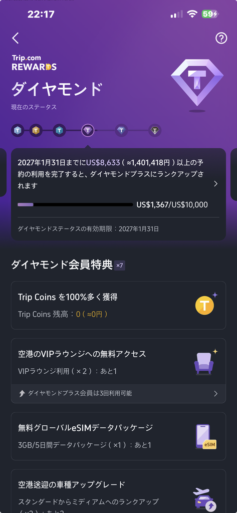 Trip.comダイヤモンド会員の空港ラウンジ無料利用やeSIMなどの特典画面